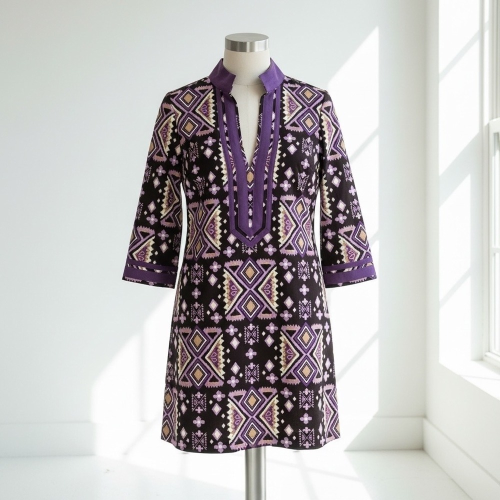 Tory Burch Purple Ikat Stretch Cotton Tunic Dress 6 Mediterranean Coastal Chic